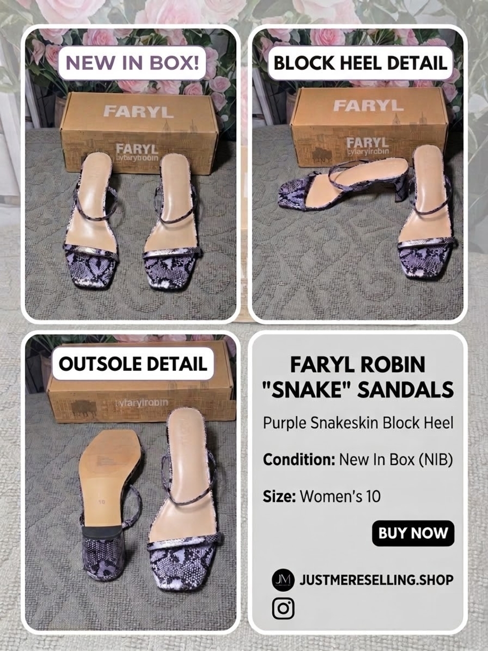 Farylrobin Purple Snakeskin Square Toe Block Heel Sandals